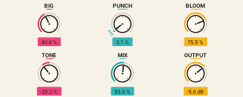 Big Up controls demonstrating changes to Big, Punch, Bloom, Tone, Mix, and Output